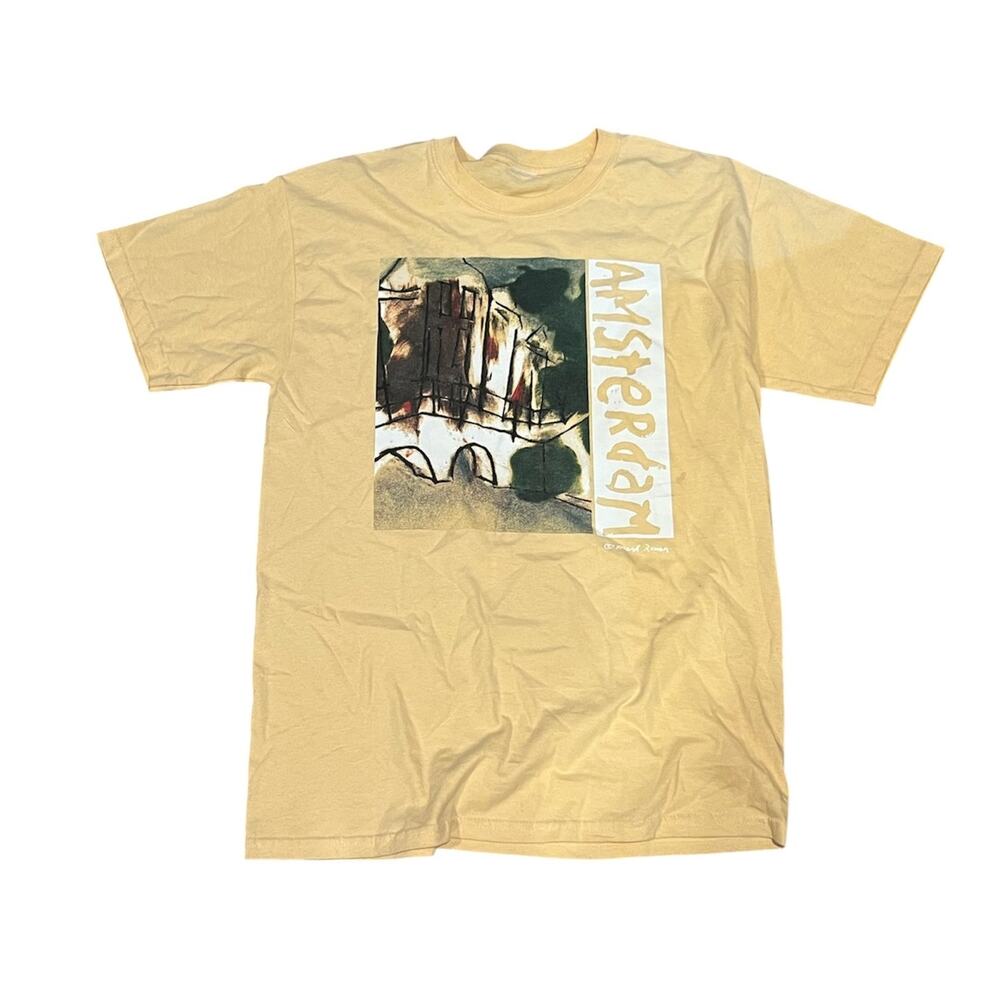 Vintage Y2K Mark Raven Amsterdam Holland Yellow Novelty Tourist Art Shirt Tee